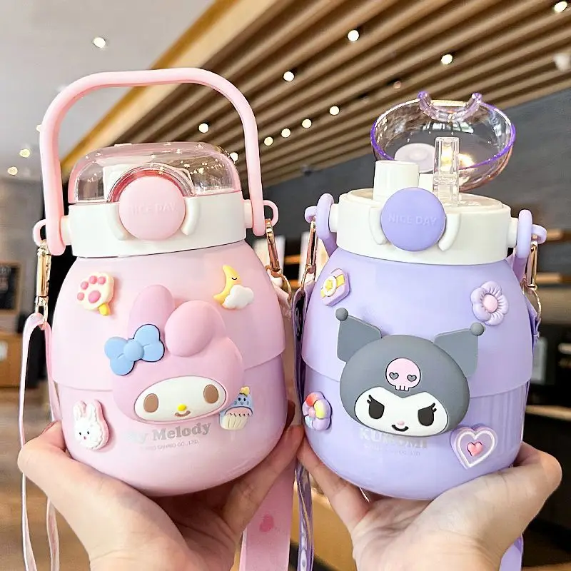 Sanrio Kuromi Thermos 316 Stainless Steel Food Grade Large Capacity Girl Cute Student Water Cup with Straw Kettle Anime