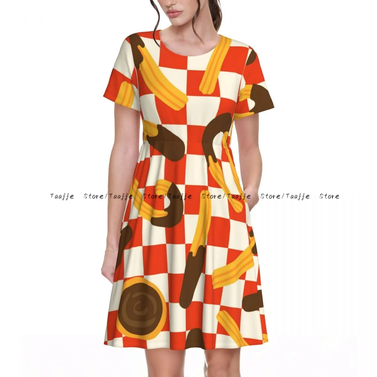 Vestido de verano para mujer, Churros con Chocolate, informal, para vacaciones en la playa, manga corta, cuello redondo, vestido Midi para mujer