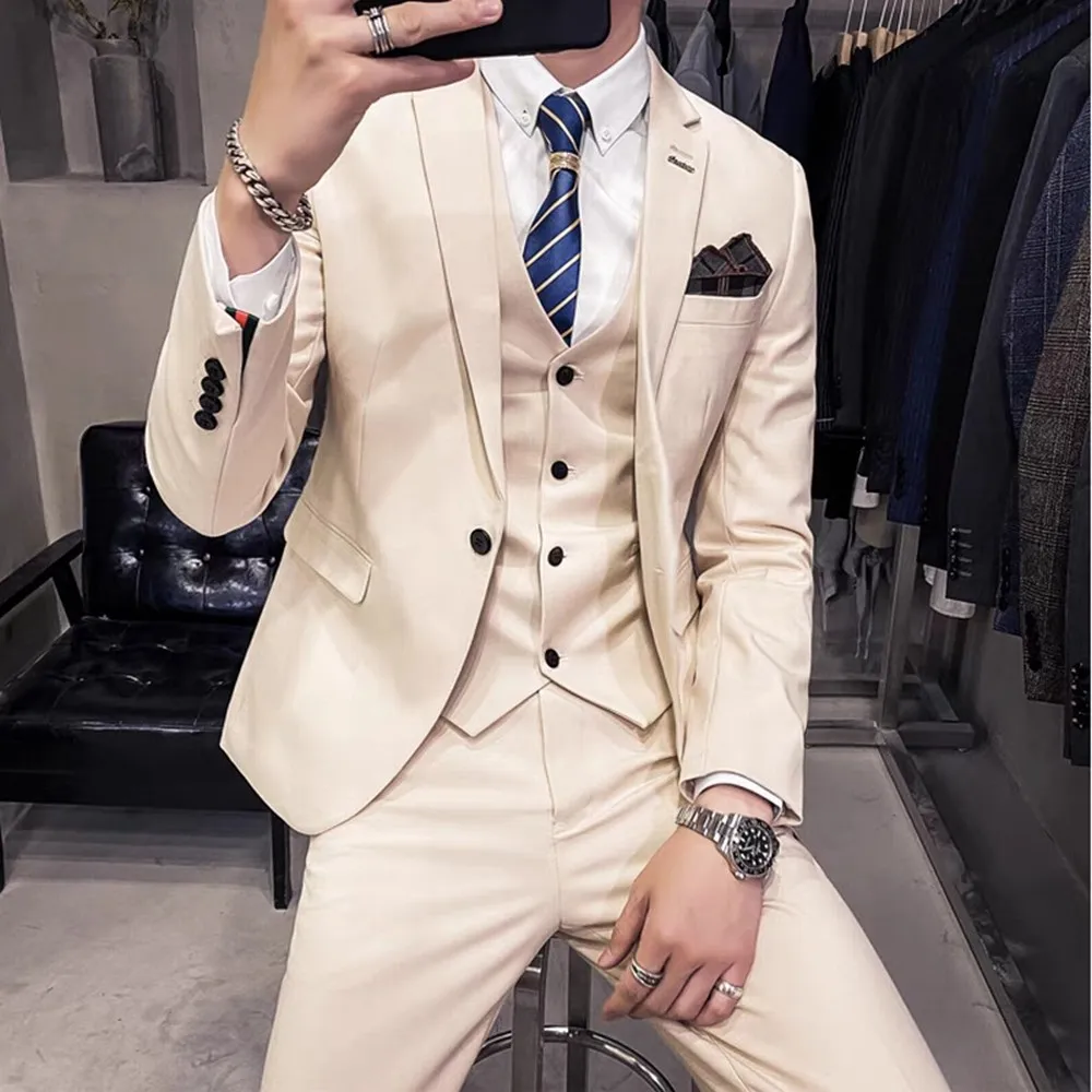 

New Beige 3 Piece Set Men Business Suits Groom Groomsman Wedding Party Formal Occasions Tuxedo Jacket Vest Pants