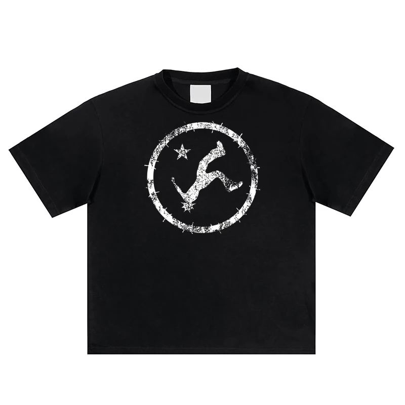 Men's and Women's Retro Ring Pattern Loose Short Sleeved T shirt Dark Gothic Style Pure Cotton Pullover Tops Daily Street Wear