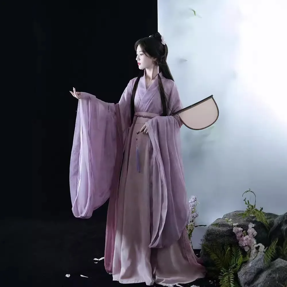 Adult Women Student Traditional Chinese Printed Hanfu Wide Sleeve Cross Collar Eight Breaking Skirt Daily Casual Costume