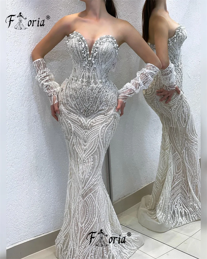 Vestido de noche de boda de sirena con escote corazón para mujer, Vestidos de ocasión formales de encaje de perlas, vestido de desfile sin espalda de Dubái, elegante