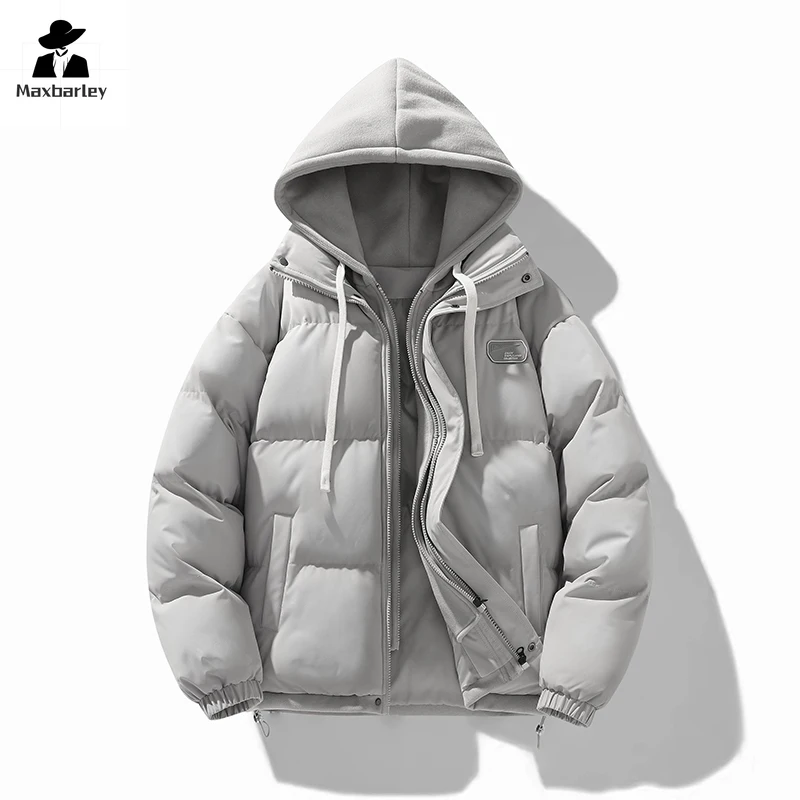 Jaqueta grossa de algodão acolchoada masculina e feminina, casaco de pão com capuz, estilo japonês, quente, na moda, coreana, inverno, 2 peças falsas, nova