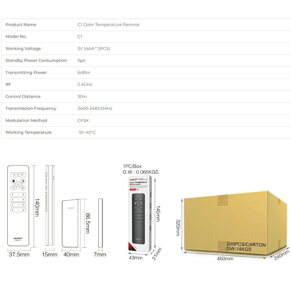 Miboxer C1 Color Temperature Remote/C2 Remote (For V3.0 Smart Plug & Switch) 4CH 2.4G RF Wireless Brightness Adjustable Lighting