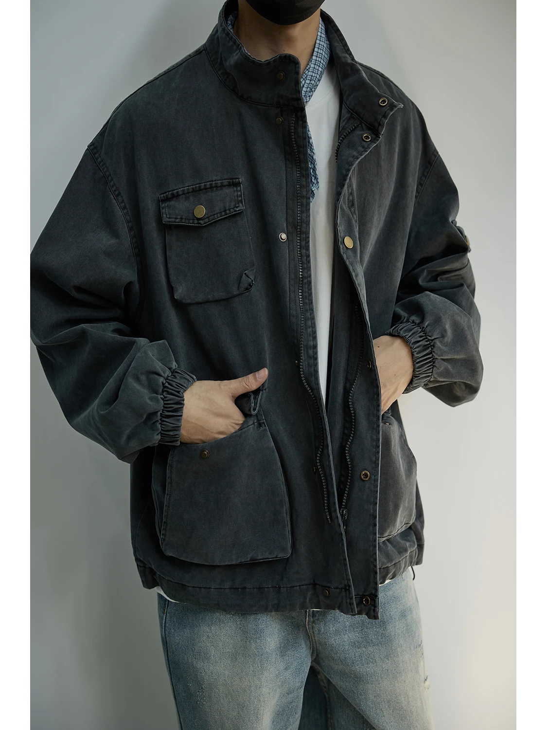 

Retro Waed Autumn Winter Jaet Men's Casual Workwear Coat with Multiple kets Stand Collar Long Sve Zipper Outerwear