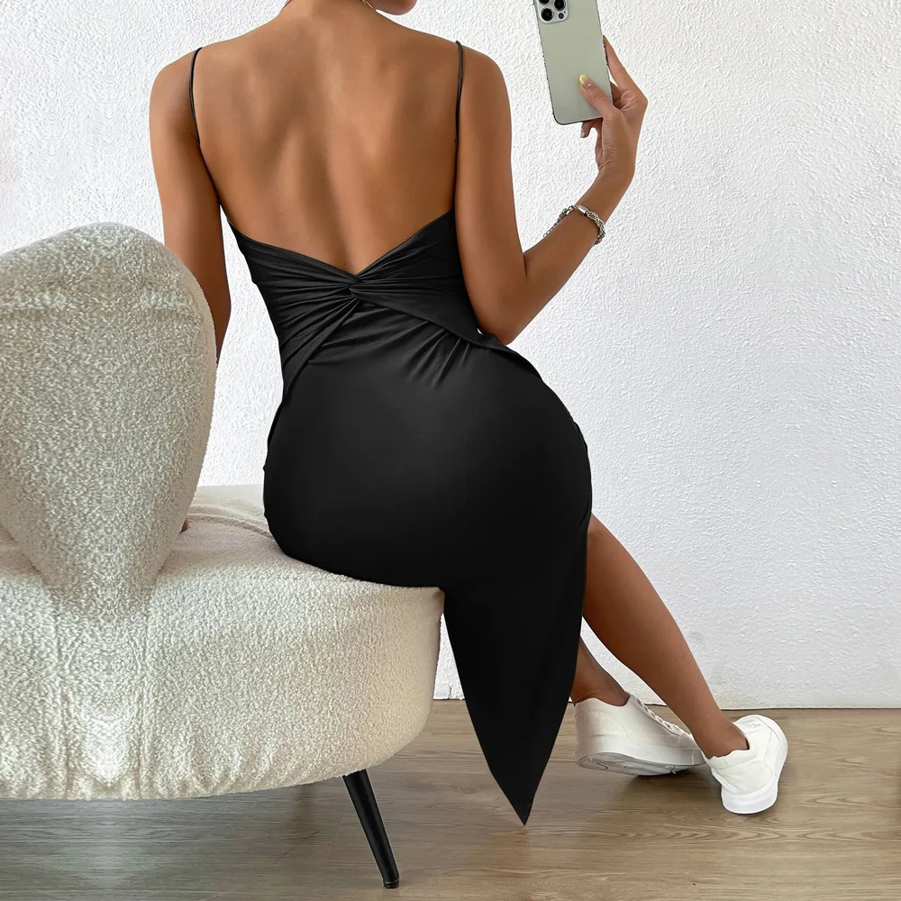 

2024 New Women Sexy Sling Dress Ladies Open Back Style Split Step Wrapped Hip Dress