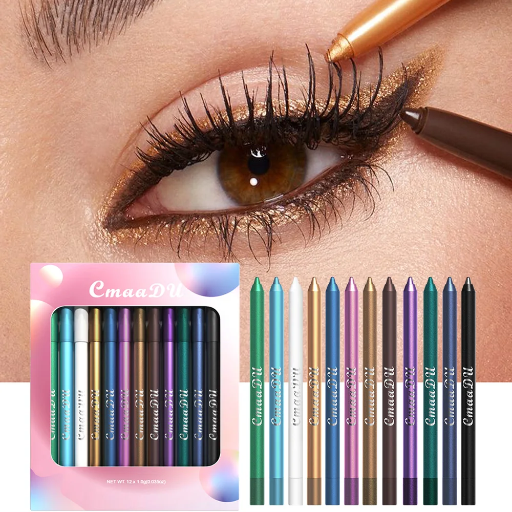 12Pcs/Box Shimmer Eyeliner Eyeshadow Gel Pencil Lying Silkworm Pen Brighten Sparkling Makeup Eye Liner Set Shadow Cream Stick