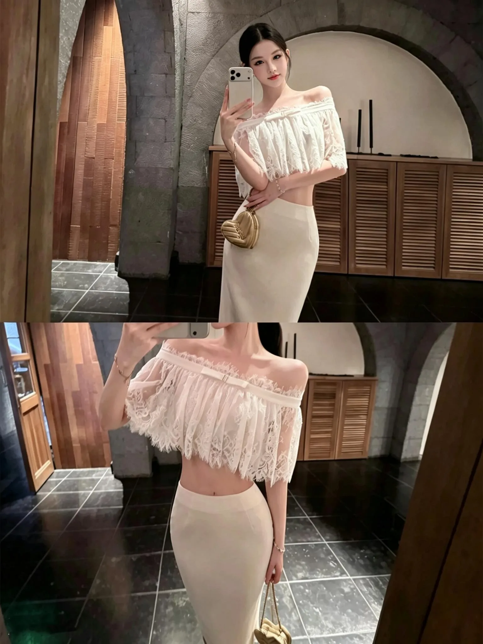 

Foloria Dream Sweet Knot Lace Short Sleeve A-Line Skirt Set Women's Fashion Summer Outfit Polyester Fiber