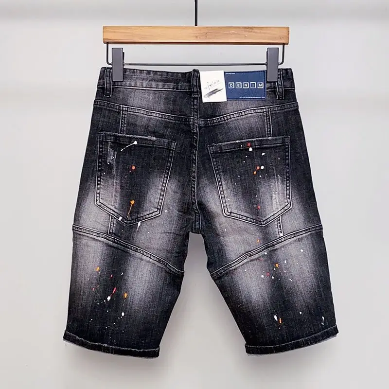 Summer hole patch embroidery motorcycle trend men's denim shorts slim stretch European and American personality five-point pants