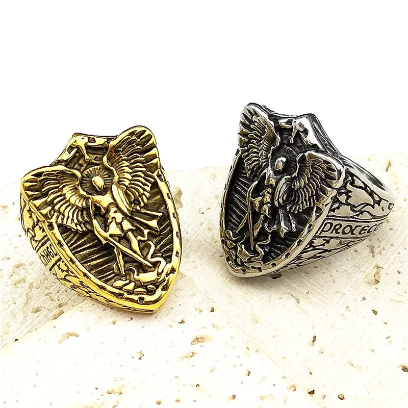 316L Vintage Saint Michael Erzengel Ring für Frauen Männer Edelstahl Gold Farbe Ritter Schild Finger Ring Amulett Schmuck – Detail 4