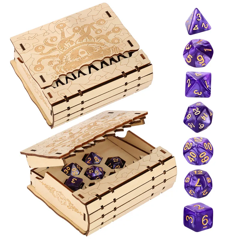 Fantasy Eye Demon Teeth Nature Wood Storage Box 7pcs/set Polyhedral Dices for Table Board Role Play Gaming Jewelry Display Case