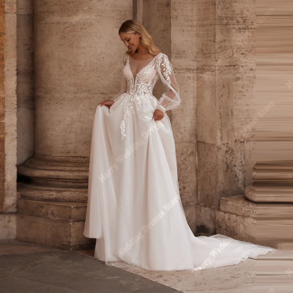 

Elegant A-Line Women Wedding Dresses Luxurious Sexy Deep-V Neck Lace Decal Bridal Gown Princess Vestido De Noiva Customized 2026