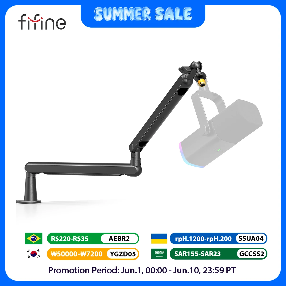 FIFINE – support de Microphone à bras bas profil réglable, avec gestion des câbles/support de bureau, flèche de Suspension pour Ampligame K688 AM8-BM88