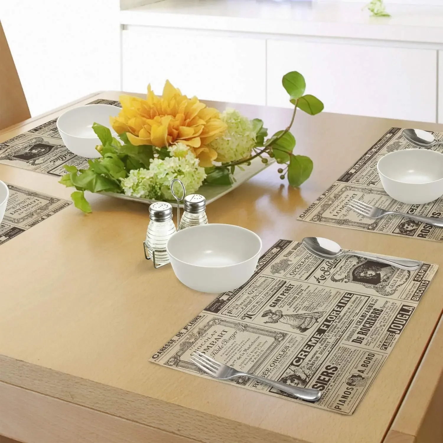 Paris Place Mats Set of 4 Old Newspaper Journal French Paper Lettering Art Design Washable Fabric Placemats for Dining Table