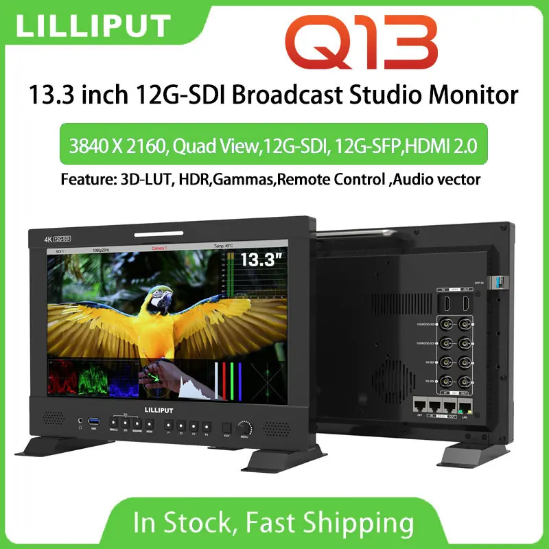 Lilliput Q13 13.3 inch Broadcast Studio Monitor 4K Quad Split Multiview 12G-SDI HDMI With Fiber Optic input 3840x2160 3D-LUT