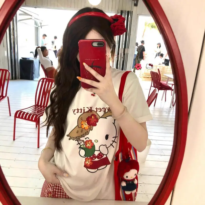Short-Sleeved T-Shirt Summer New Hello Kitty Printed Cartoon Cute Sanrio Half-Sleeved T-Shirt Pure Cotton Shirt Women's Tops