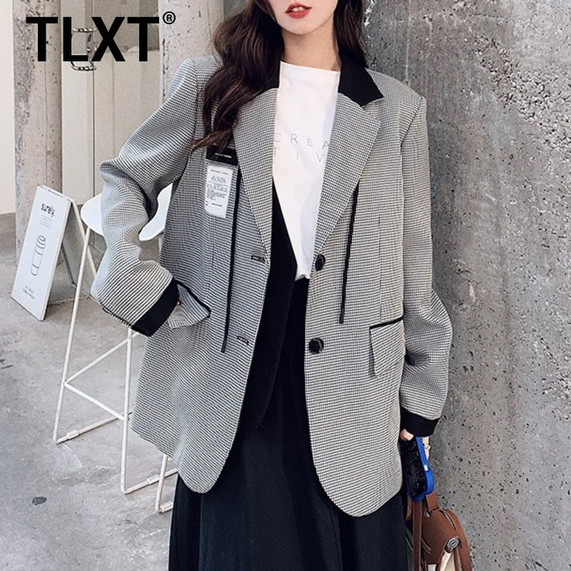 

TLXT Fashion Women's Classic Grey Houndstooth Blazer Two Button Closure Stylish Office Casual Jacket 2025 Autumn New XK1618