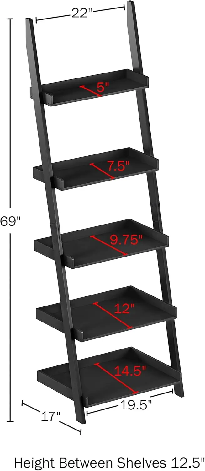 Lavish Home Bookshelf - 5-Tier Ladder Shelf With Leaning Look - Bookcase For Home Decor And Office Storage - Freestanding Book