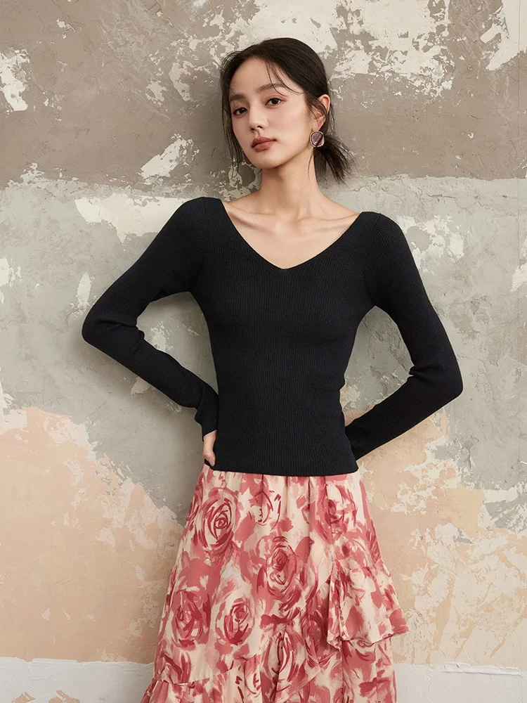 

Jiancha Silk Wool Knitted Base irt V-ne Sensation Body Fit Women's Faion Autumn Winter Color Long Sve Top