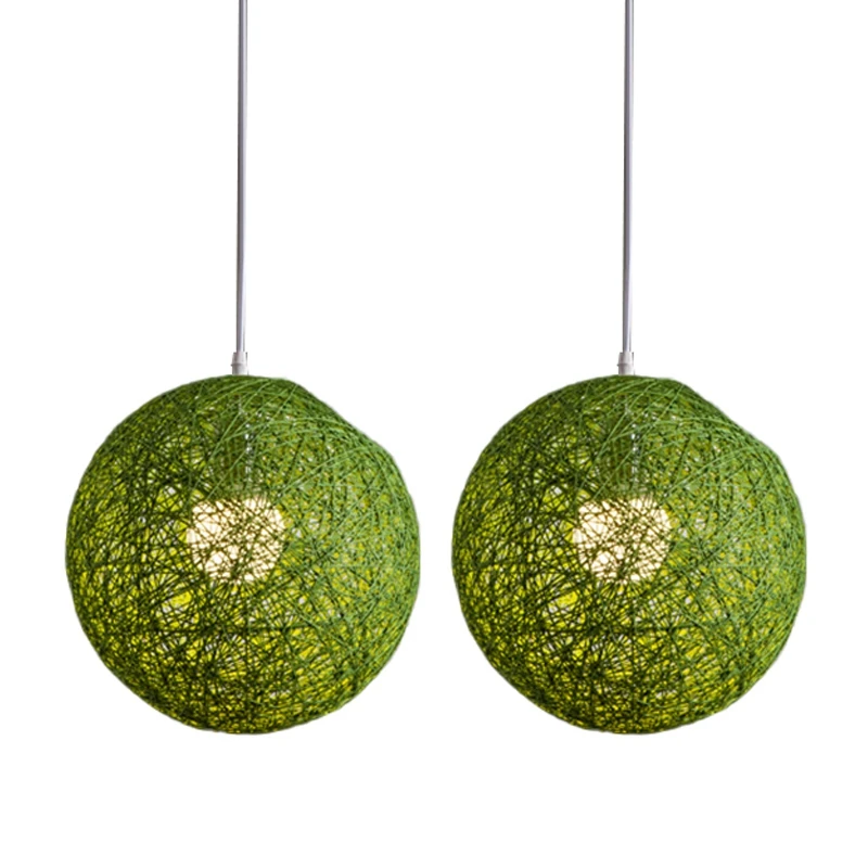 

2X Green Bamboo, Rattan And Hemp Ball Chandelier Individual Creativity Spherical Rattan Nest Lampshade