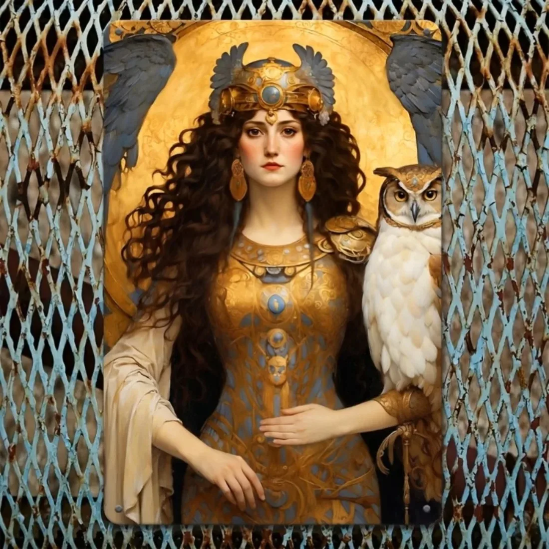 Elegante diosa griega Atenea, arte de pared, escultura de Metal, búho y vestido dorado, estatua de decoración para el hogar y la Oficina