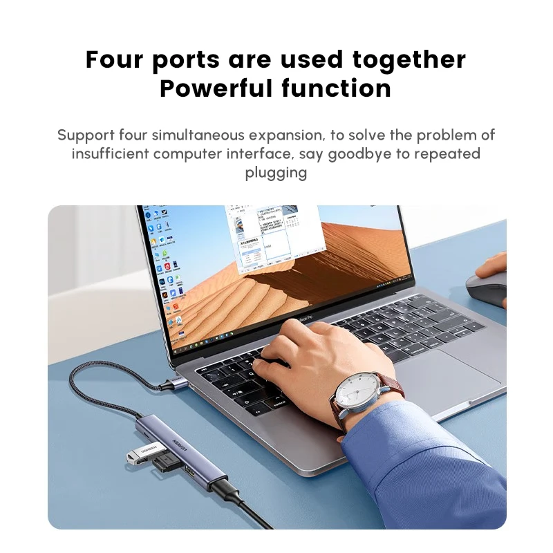 UGREEN USBハブ、4つのUSB2.0ポート、1つのType-C充電ポート搭載の多機能アダプター
