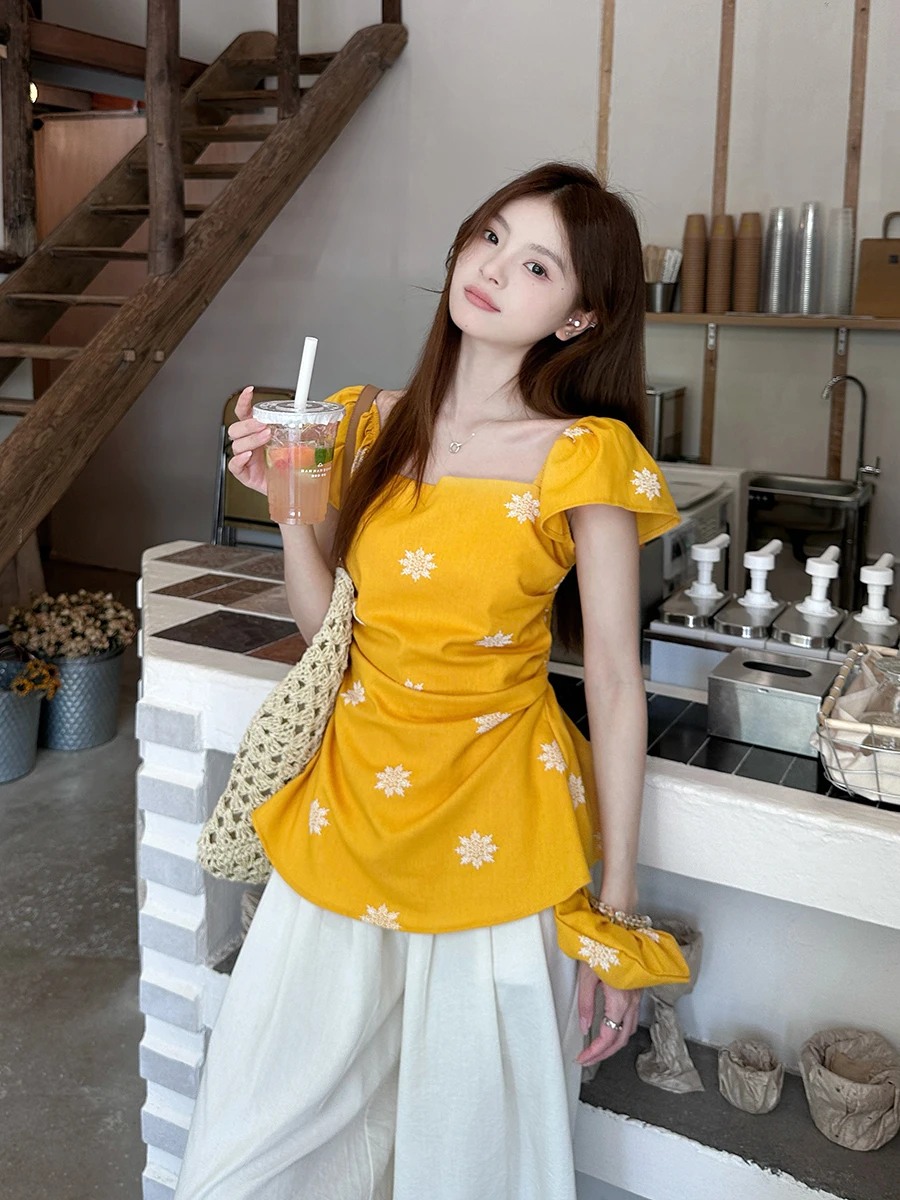 

Летняя женская свободная блузка с цветочным принтом, приталенная, в корейском стиле, из дышащей полиэстеровой ткани, для отпуска