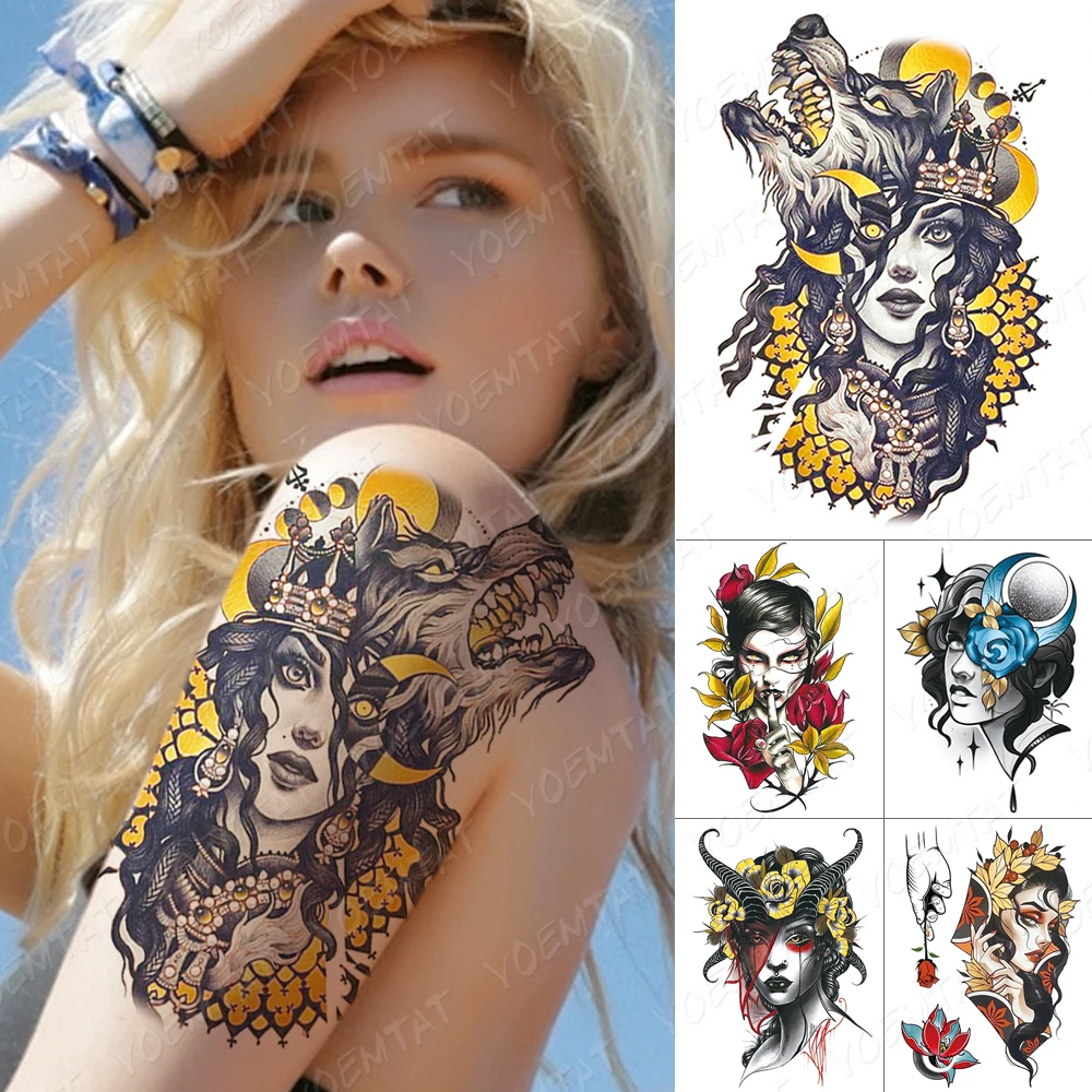 

Waterproof Temporary Tattoo Stickers Tribal Girl Wolf Rose Crescent Maple Leaf Body Art 3D Fake Tatoo Men Women Charm Tattoos