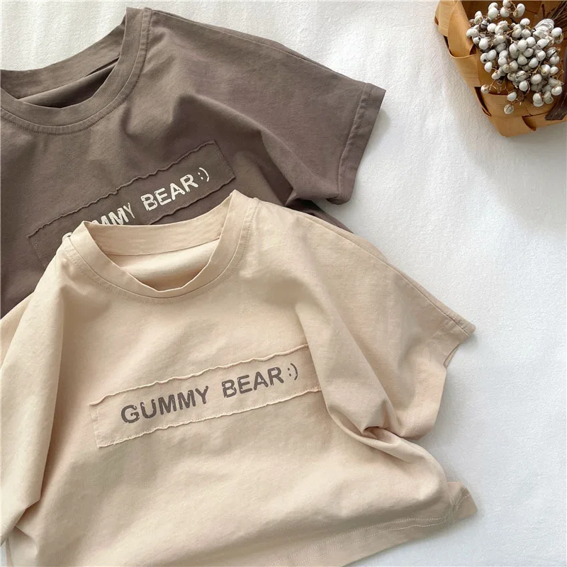 2025 Summer Children O-Neck T-Shirt Letters Patch Boys and Girls Short Sleeve T Shirts Kids Cotton Loose Tops Baby Clothing