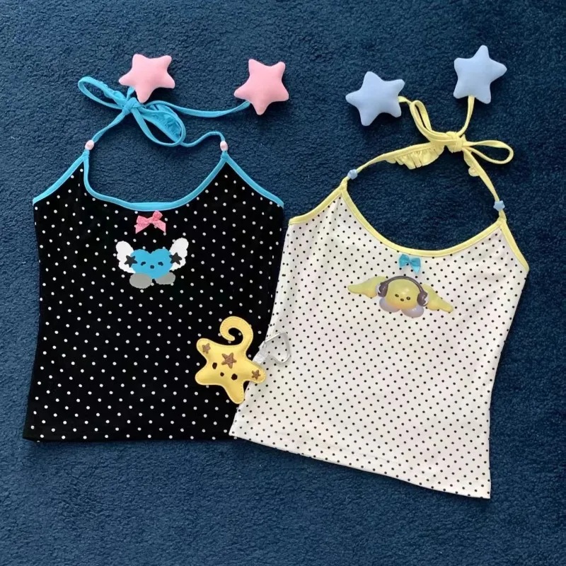 

Japanese Kawaii Polka Dot Camisole Harajuku Cartoon Print Patchwork Halter Vest Women Sexy Slim Tanks Summer Dopamine Hottie Top