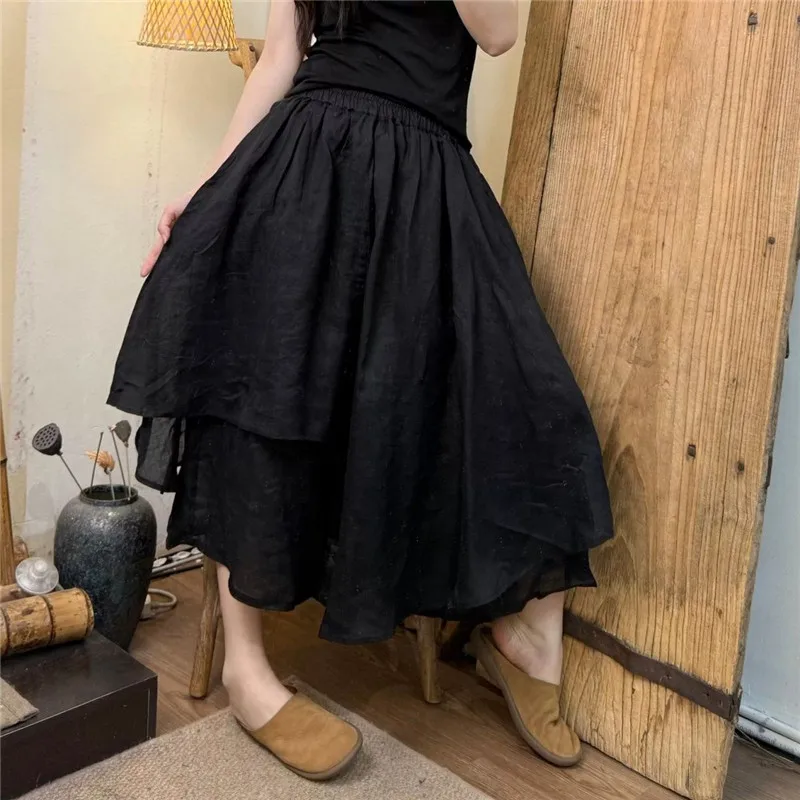 

2025 New Summer Solid Cotton Linen Pants Skirt Women Elastic Waist Irregular Female Midi Skirt Literary Loose Casual Clothes