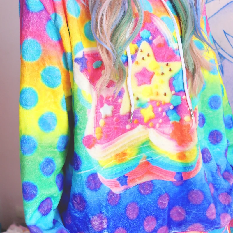 Pakaian Wanita Musim Gugur Musim Dingin 2025 Motif Bintang Warna-warni Desain Asli Polka Dot Y2k Sweatshirt Fleece Longgar Berkerudung untuk Wanita