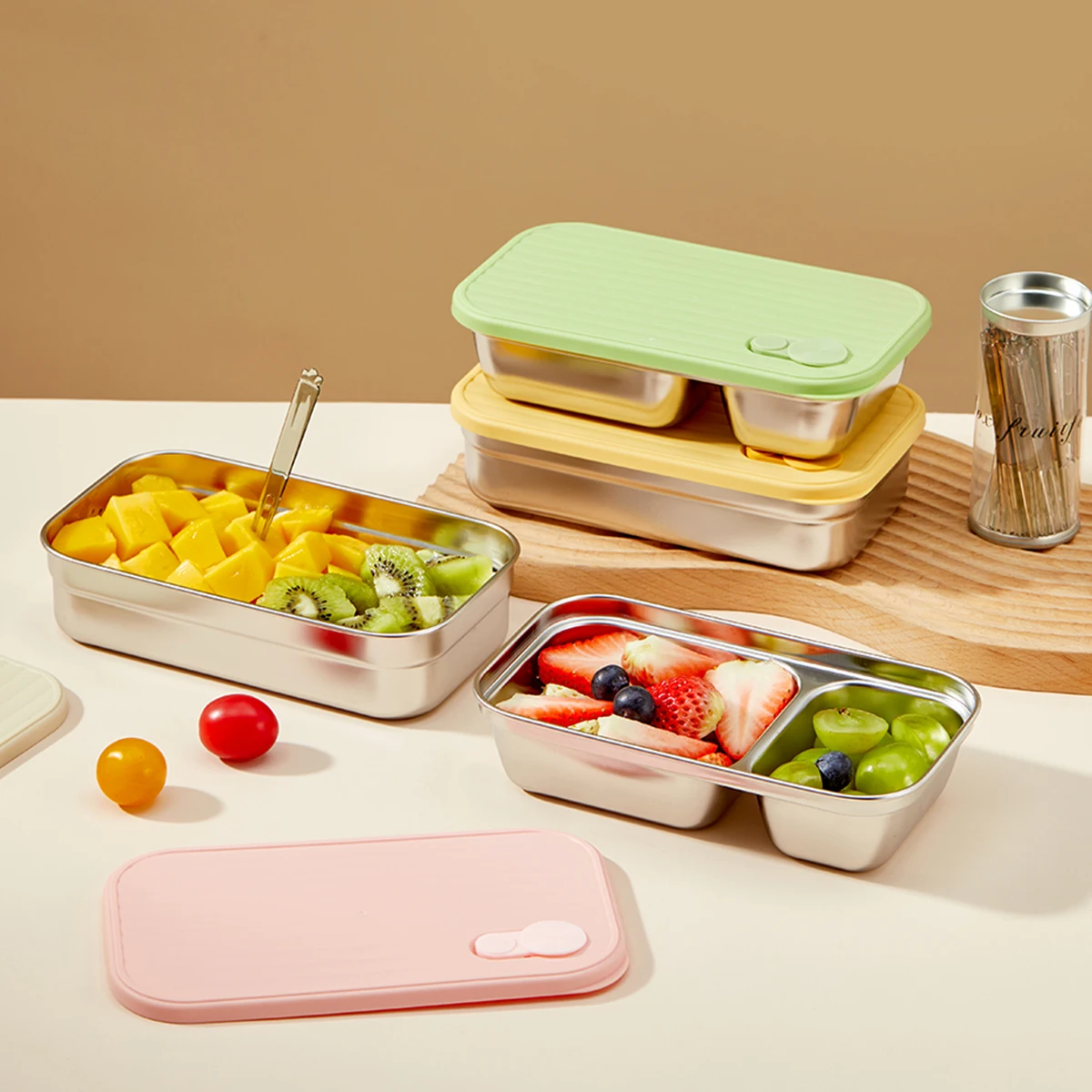 WORTHBUY Lunchbox aus Edelstahl 304, mit Deckel, tragbarer Obstsalat-Lebensmittelbehälter, stapelbar, auslaufsicher, Bento-Box für Studenten – Detail 11