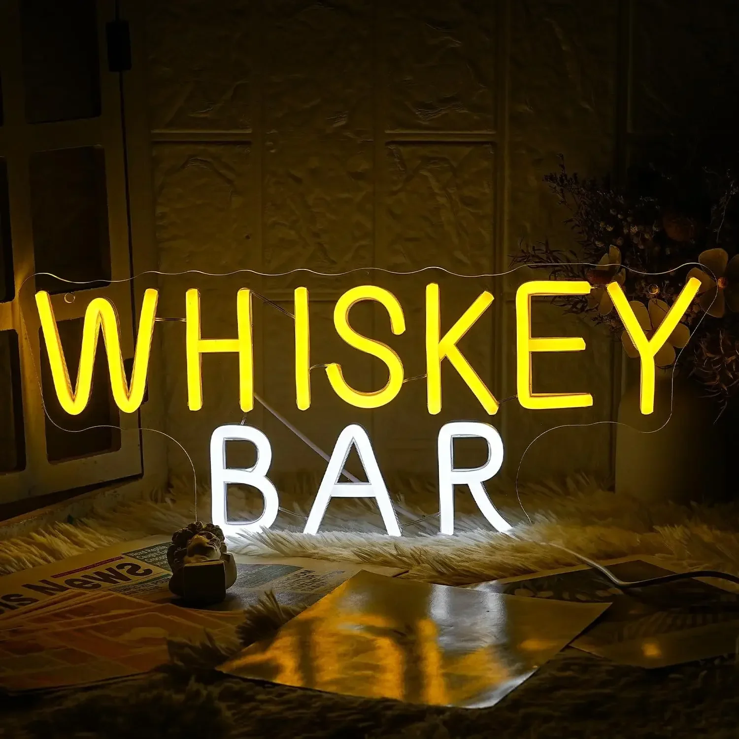 Whiskey Bar Neon Sign LED Wall Art USB Powered  Lamp Yellow White Illuminated Decor Man Cave Home Pub Party Aesthetic Light