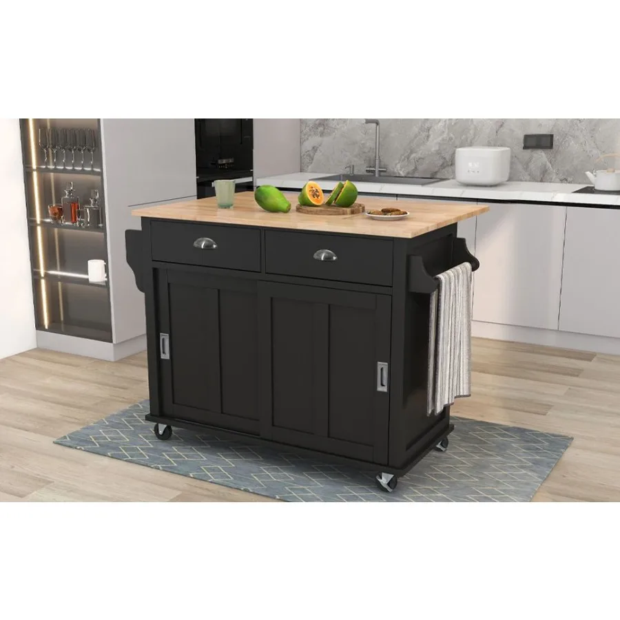 

Kitchen Cart with Rubber wood DropLeaf Countertop Concealed sliding barn door adjustable height Kitchen Island on 4 Wheels with