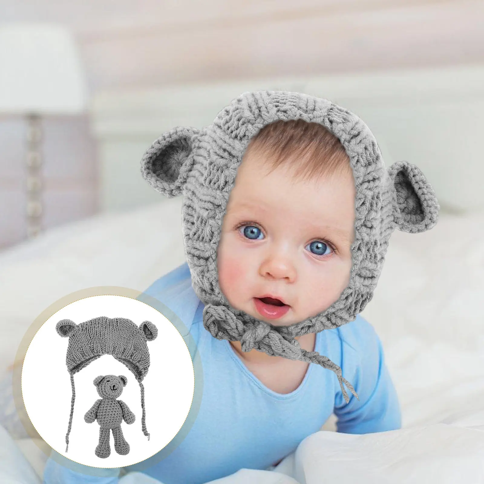 

1Set Adorable Bear-Ear Knit Baby Beanie Set Soft Breathable Cotton Winter Hat for Newborns Infants Toddlers Photography Gift