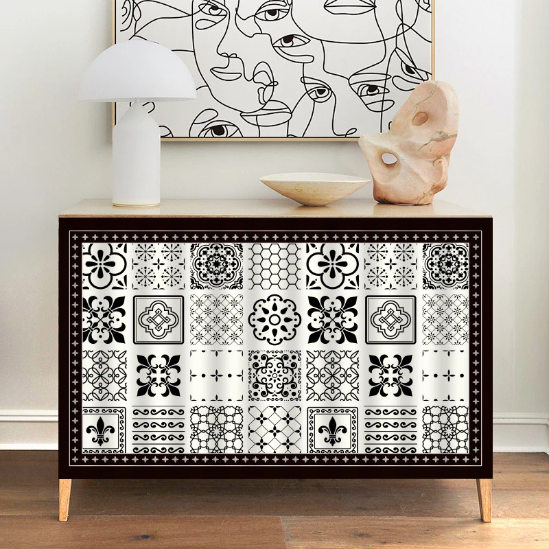 VIKAMA Black White Tile Pattern Cabinet Curtain, 6 Designs, Cupboard Decor for Kitchen Living Room