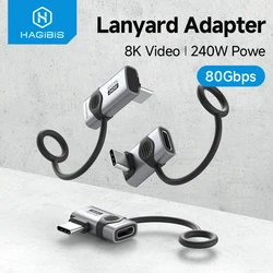 Hagibis 240W USB C to C Adapter with Lanyard 80Gbps 90 Degree Converter 8K Video USB4 Adapter for MacBook iPhone 15/16/17 Tablet