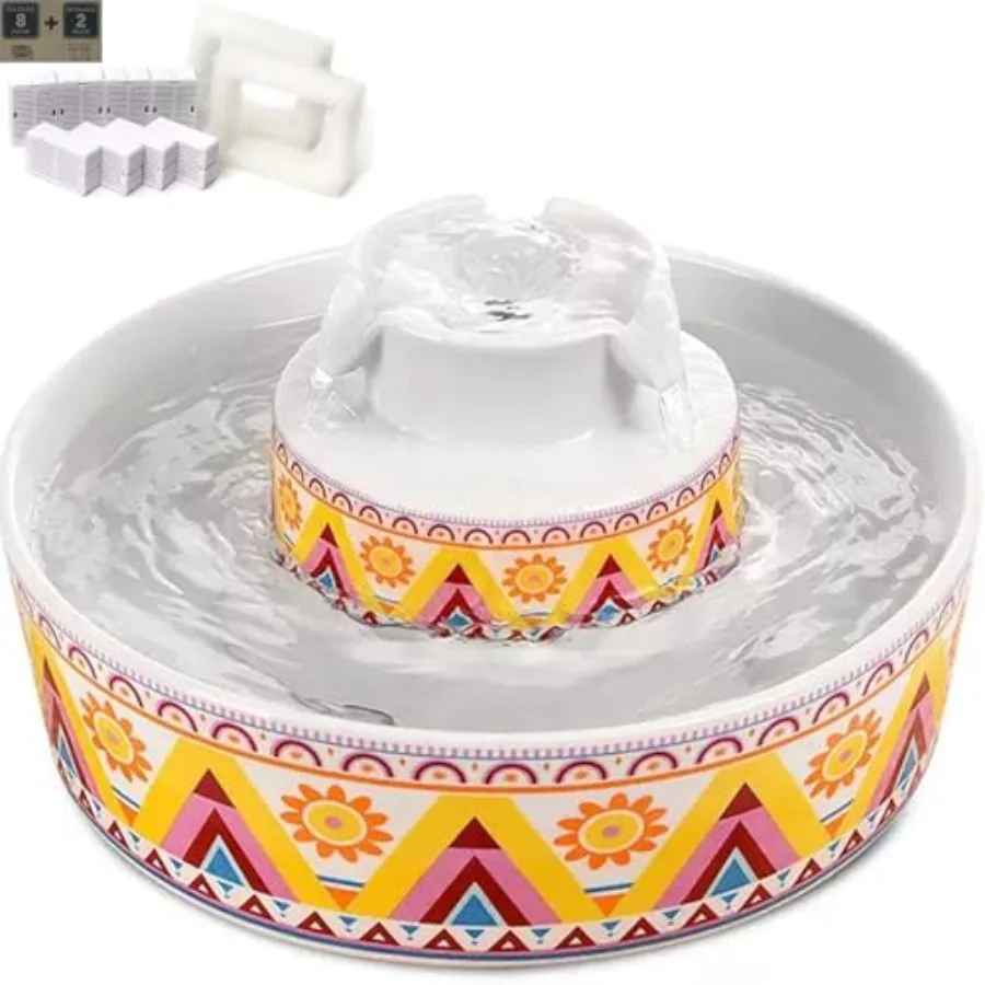 

Ceramic Cat Water Fountain for Indoor Use, Boho Orange, 9-Filter + 3-Sponge System, 2.1L Ultra-Quiet Pump Dispenser for Cats an