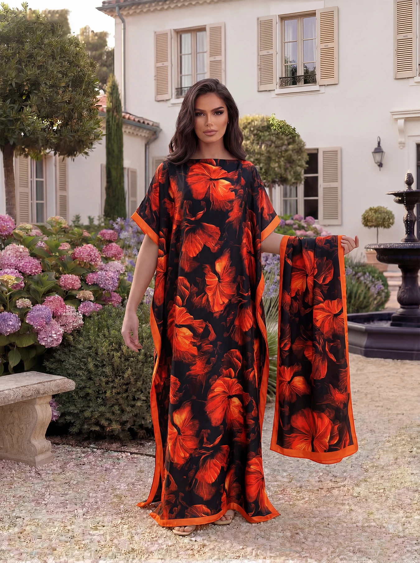Boho Large Leaf Floral Print Satin Abaya Scarf Set, Loose Batwing Maxi Kaftan For Muslim Women Summer Beach Daily Holiday Wear view 5