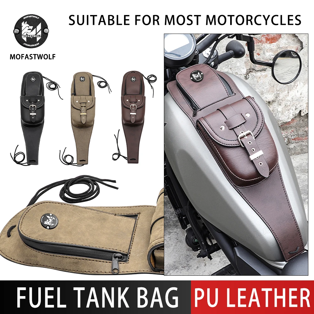 Fuel Tank Bag Universal Motorcycle PU Leather Fuel Tank Cap Cover Panel with Pouch Bag Suitable for Harley Honda