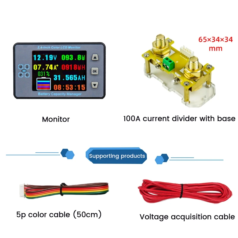 VA9810 2.4 Inch Voltage Meter+100A Diverter With Base Coulometer Capacity Power Detector Monitor Parts For Electric Vehicle/RV