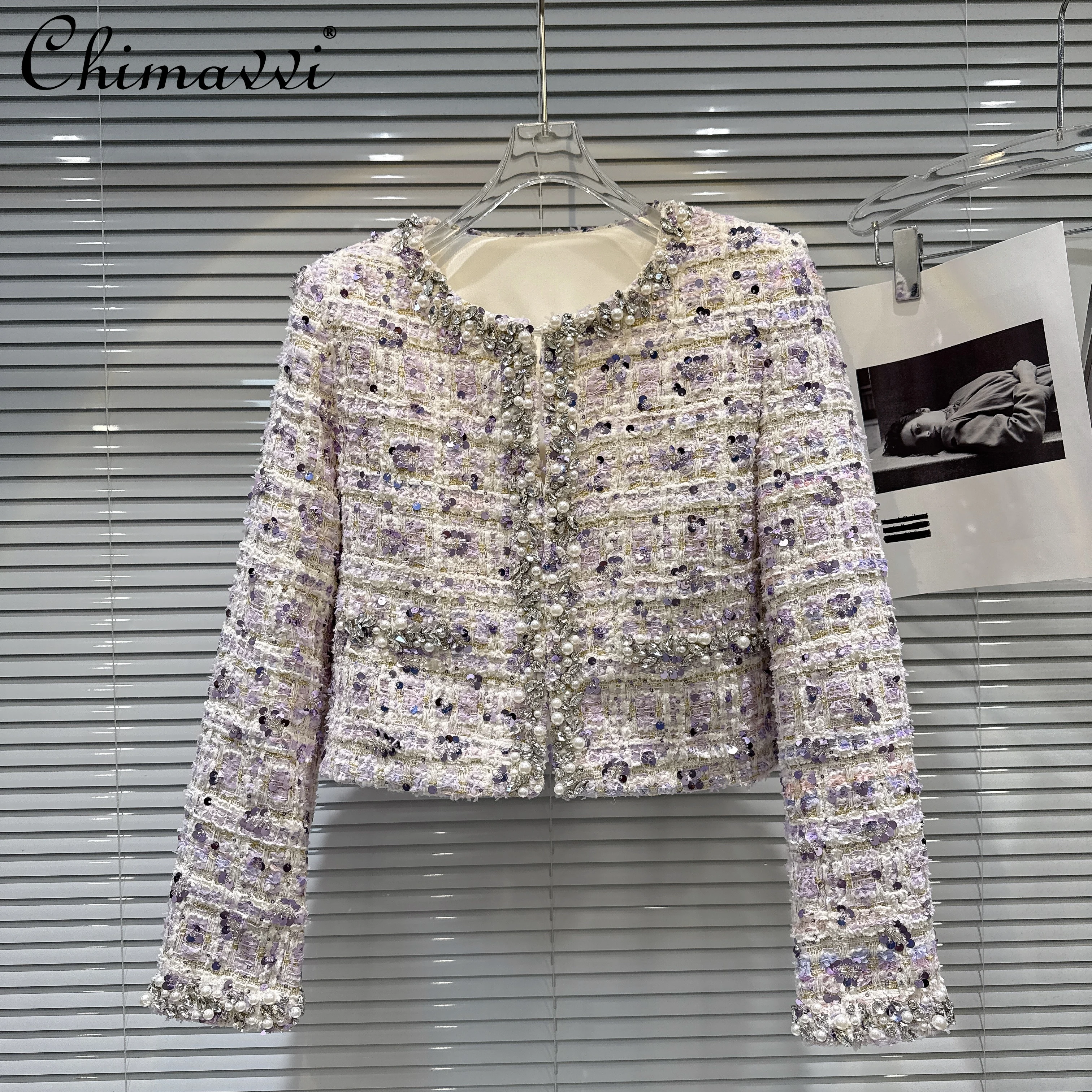 

Французские элегантные модные светские пальто с бисером и бриллиантами, круглым вырезом и длинными рукавами, твидовые пальто на подкладке, короткие куртки, женские зимние