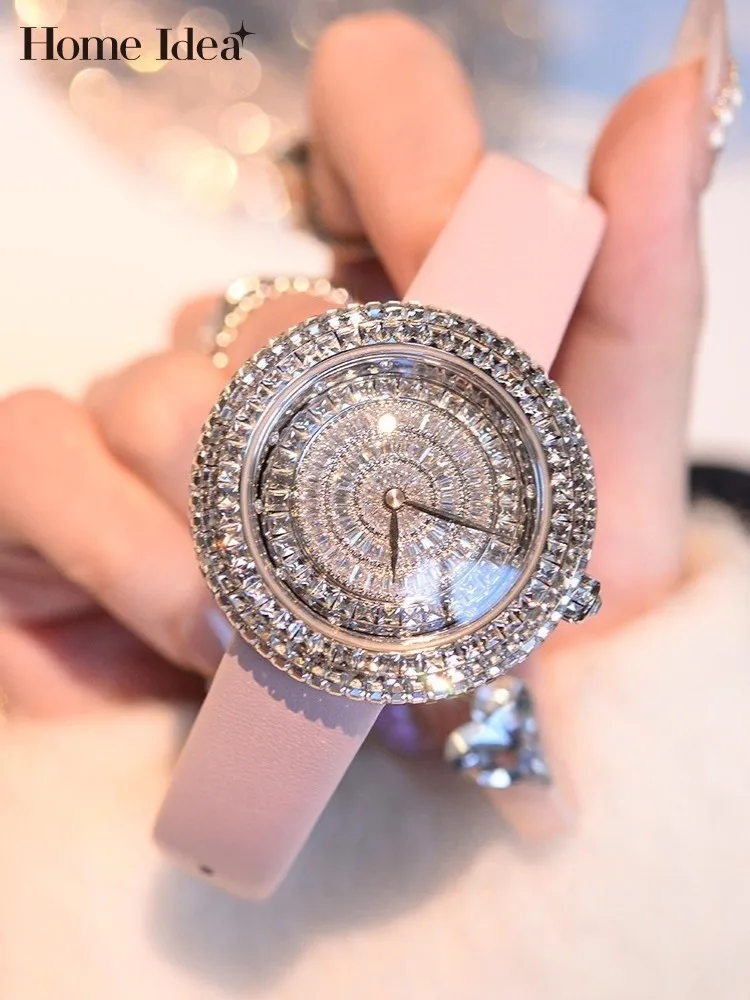 

Круглые роскошные женские кварцевые часы с бриллиантами, ремешок из натуральной кожи, регулируемая пряжка, вечерние элегантные офисные женские наручные часы, новинка