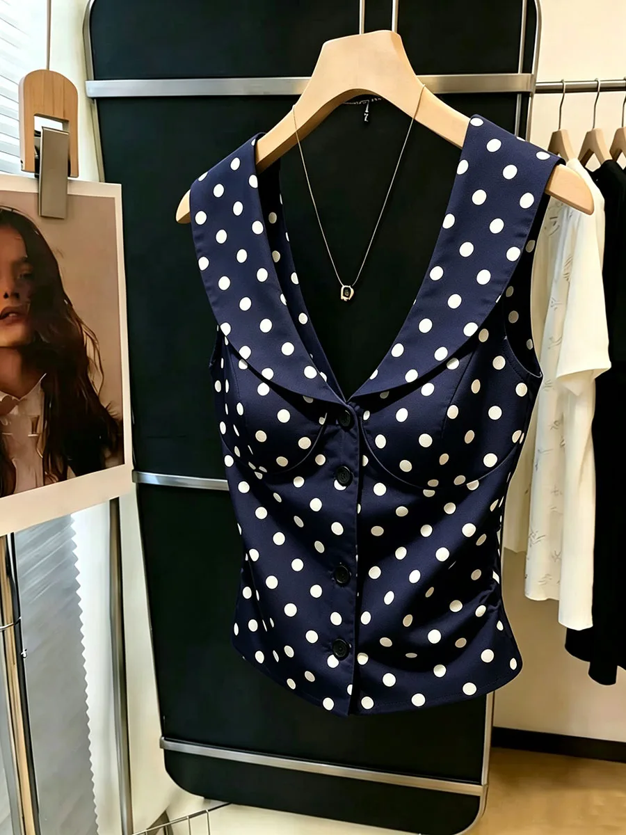 Women's Tank Tops Vintage Polka Dot V-Neck Sleeveless Vest Women Button Front Slim Fit Navy Blue Summer Casual Streetwear Outfit