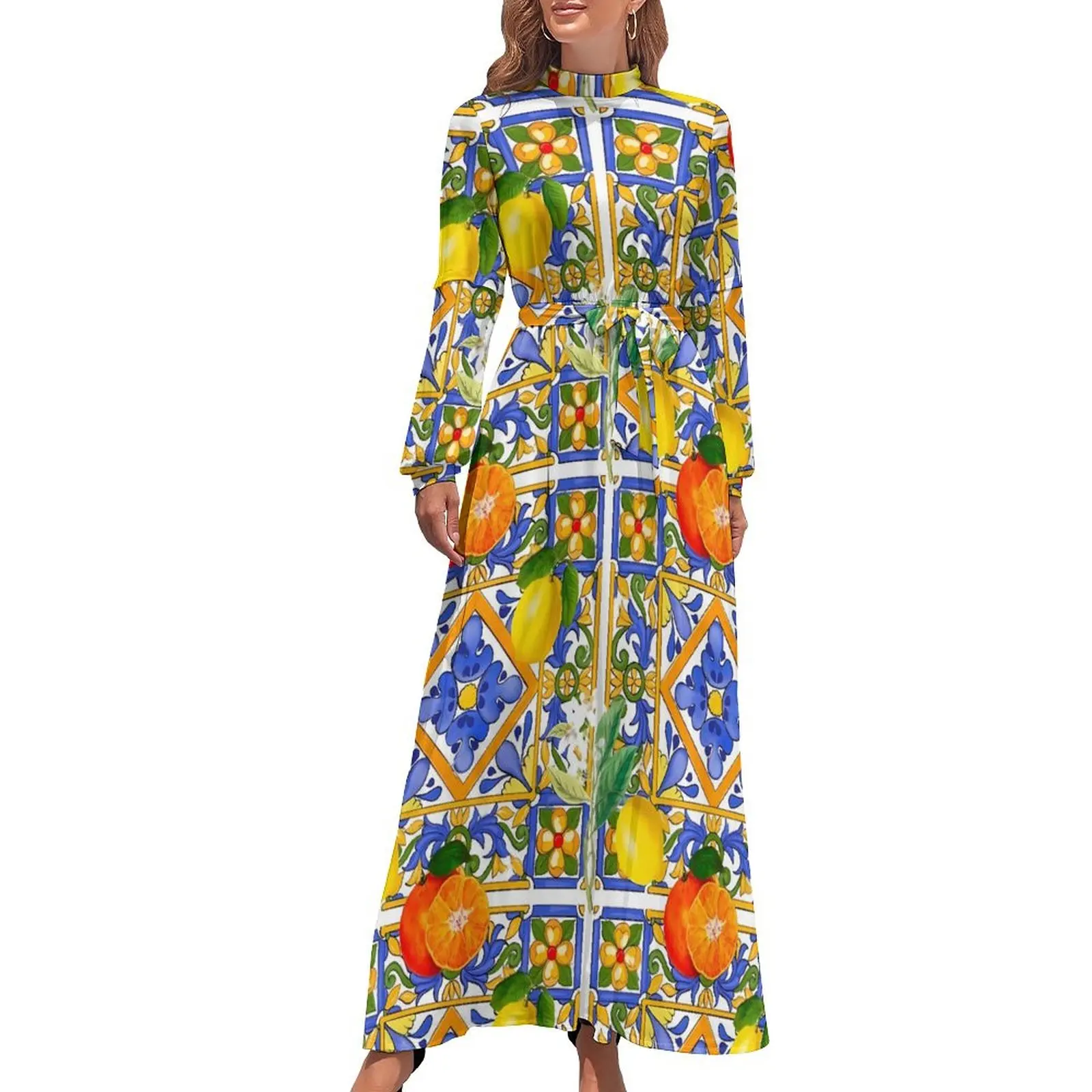 

Retro Fruit Print Dress Long Sleeve Citrus And Lemons Elegant Maxi Dress High Neck Aesthetic Bohemia Long Dresses Gift Idea