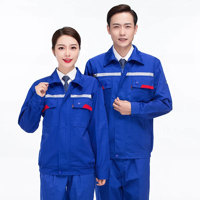 Men'S Cotton Work Suit Print Logo Reflective Strip Long Sleeved Anti-Static Factory Workshop Uniform Mechanic Repairman Clothes