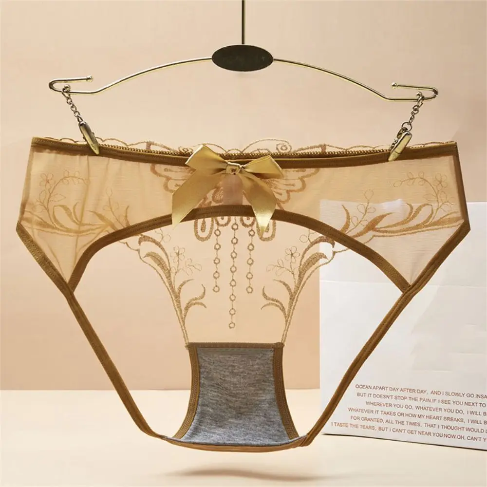 

Low Waist Bowknot Lace Hollow Briefs Open Cotton Crotch Leaf Flower Mesh Transparent Panties Underwear Breathable