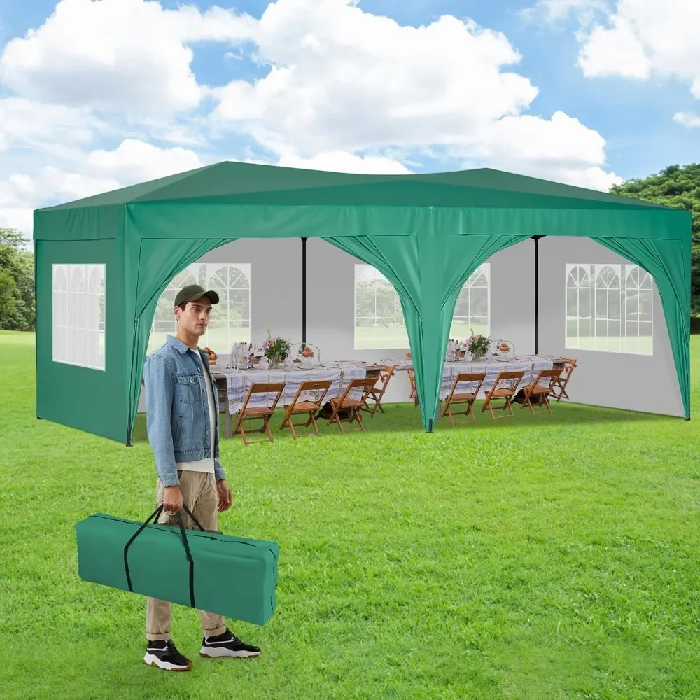 Awning 10x20 with Sidewalls, Sun-Resistant Heavy Duty 10x20 Pop Up Canopy with 6 Sand Bags, Green Foldable Event Tent