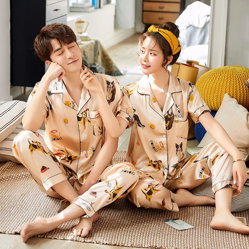 Silk Couple Sleepwear Summer Cartoon Print Short Sleeve Long Pants Ice Silk Home Clothes Open Cardigan plus Size Set